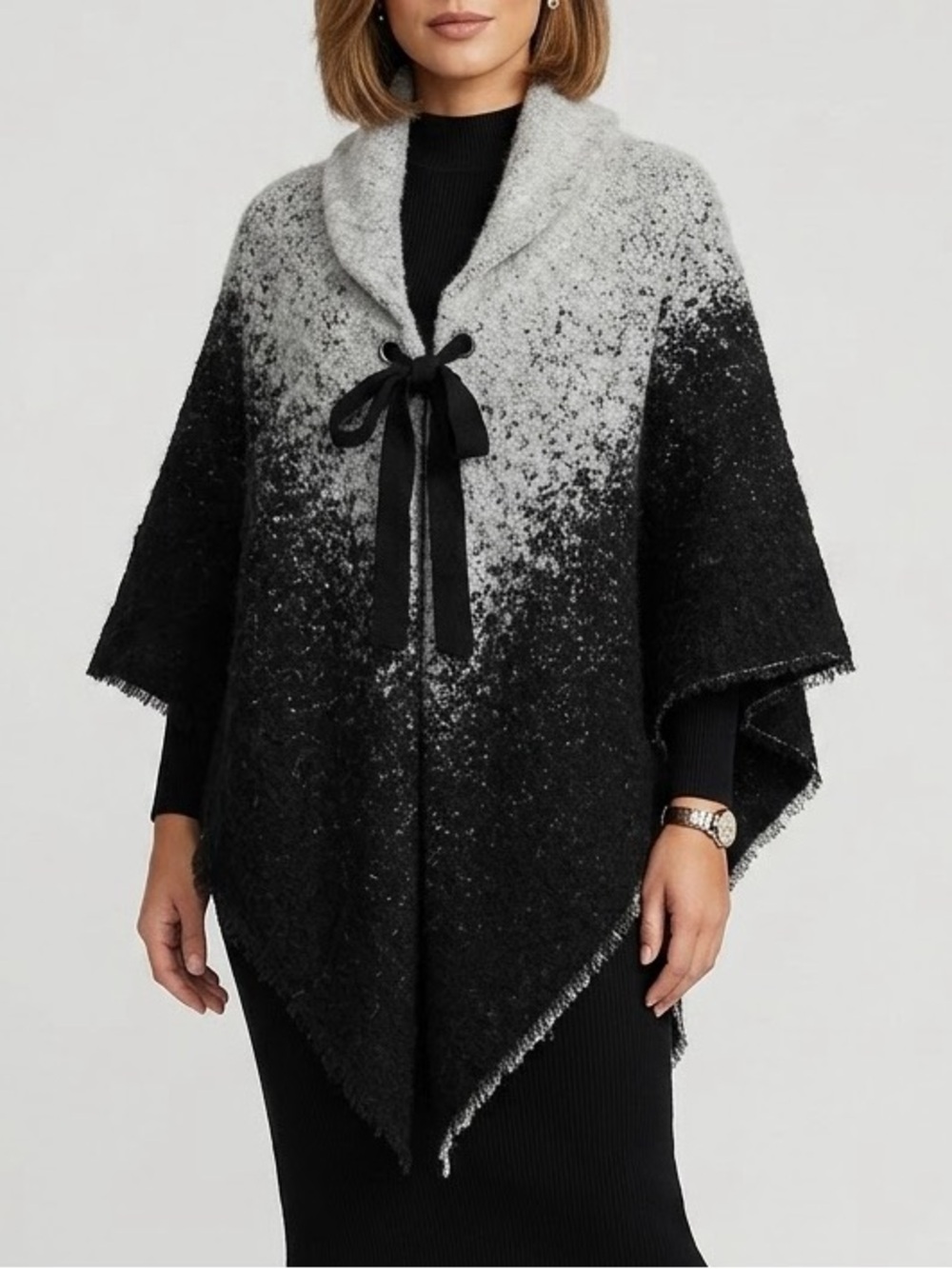 NWT Ann Taylor Shawl Collar Tie Front Warm Blanket Poncho Speckled Black & Grey